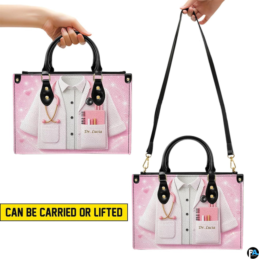 Top down view of pink doctor handbag displaying spacious interior opening