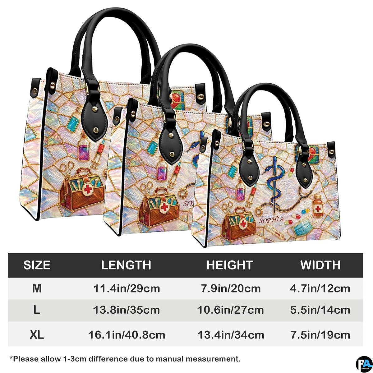 Lifestyle scale display presenting the relative proportions of the medical handbag when carried.