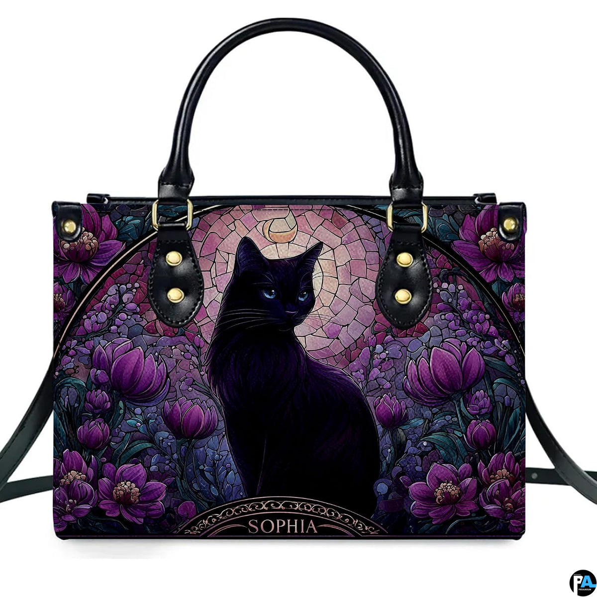 Stained glass illustration of sleek black cat with blue eyes surrounded by purple blossoms and crescent moon.