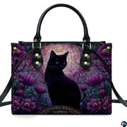 Stained glass illustration of sleek black cat with blue eyes surrounded by purple blossoms and crescent moon.