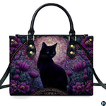 Stained glass illustration of sleek black cat with blue eyes surrounded by purple blossoms and crescent moon.