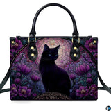 Stained Glass Black Cat Floral Crescent Moon Artwork