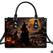 Gothic autumn witch castle harvest handbag displayed alone on white background.