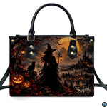 Gothic autumn witch castle harvest handbag displayed alone on white background.
