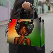 Woman carrying afro portrait handbag with green plaid bow