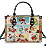 Front view of structured handbag featuring vintage Christmas patchwork artwork with retro Santa and snowmen
