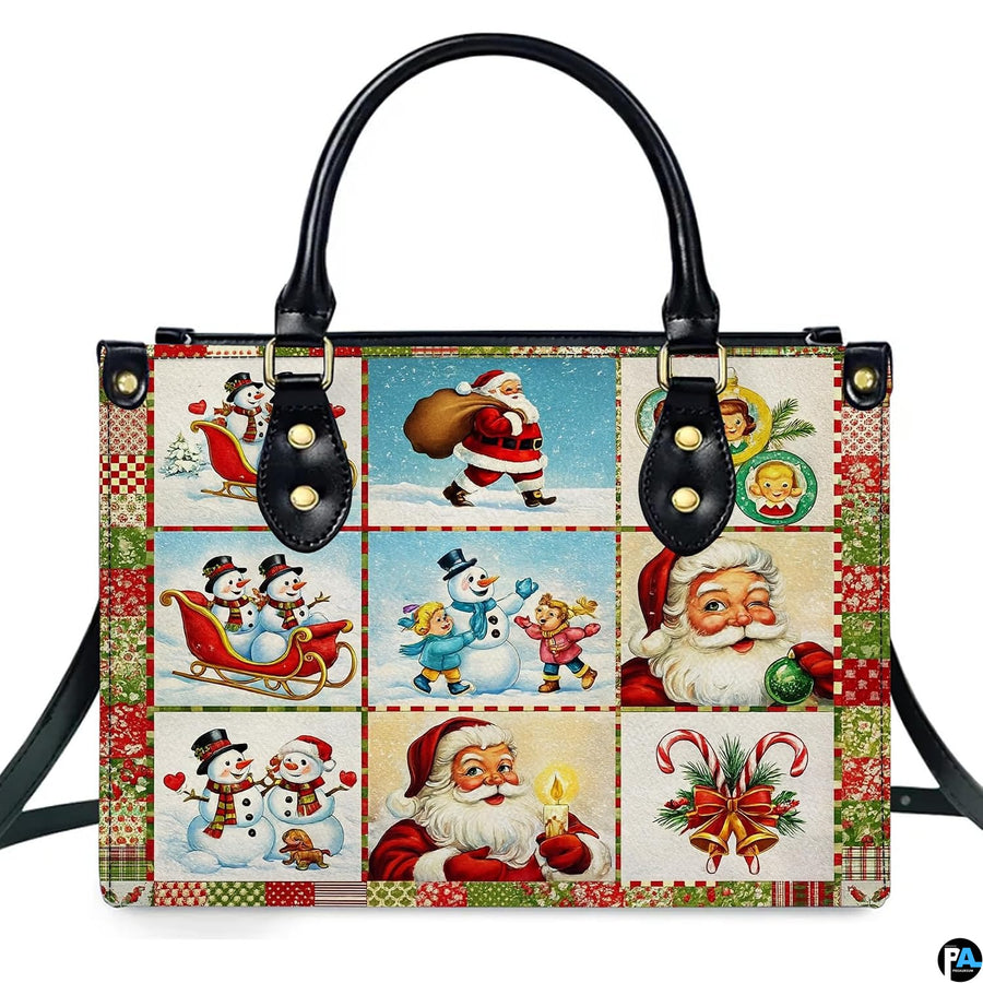 Front view of structured handbag featuring vintage Christmas patchwork artwork with retro Santa and snowmen
