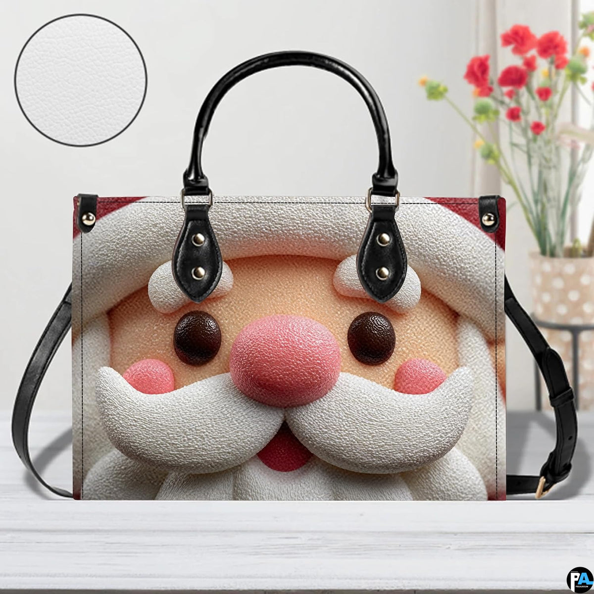 Lifestyle front display of 3D clay Santa face handbag on table with blurred floral background