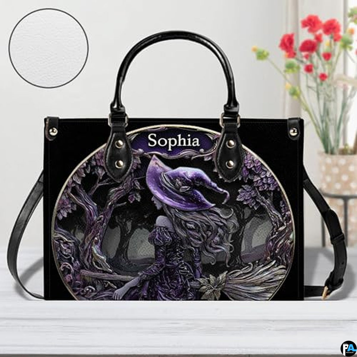 Personalized Halloween Leather Handbag – Custom Witch 3D Printing Effect Purses For Women – Spooky Gothic Shoulder Bag