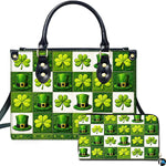 Clover top hat handbag and matching wallet with green checkerboard artwork