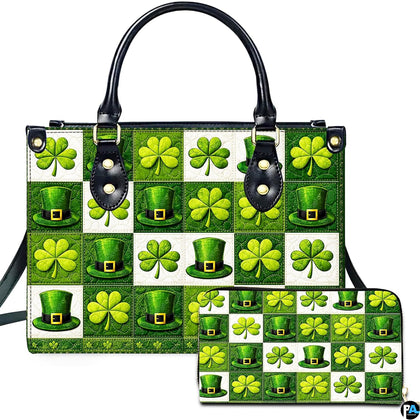 Clover top hat handbag and matching wallet with green checkerboard artwork