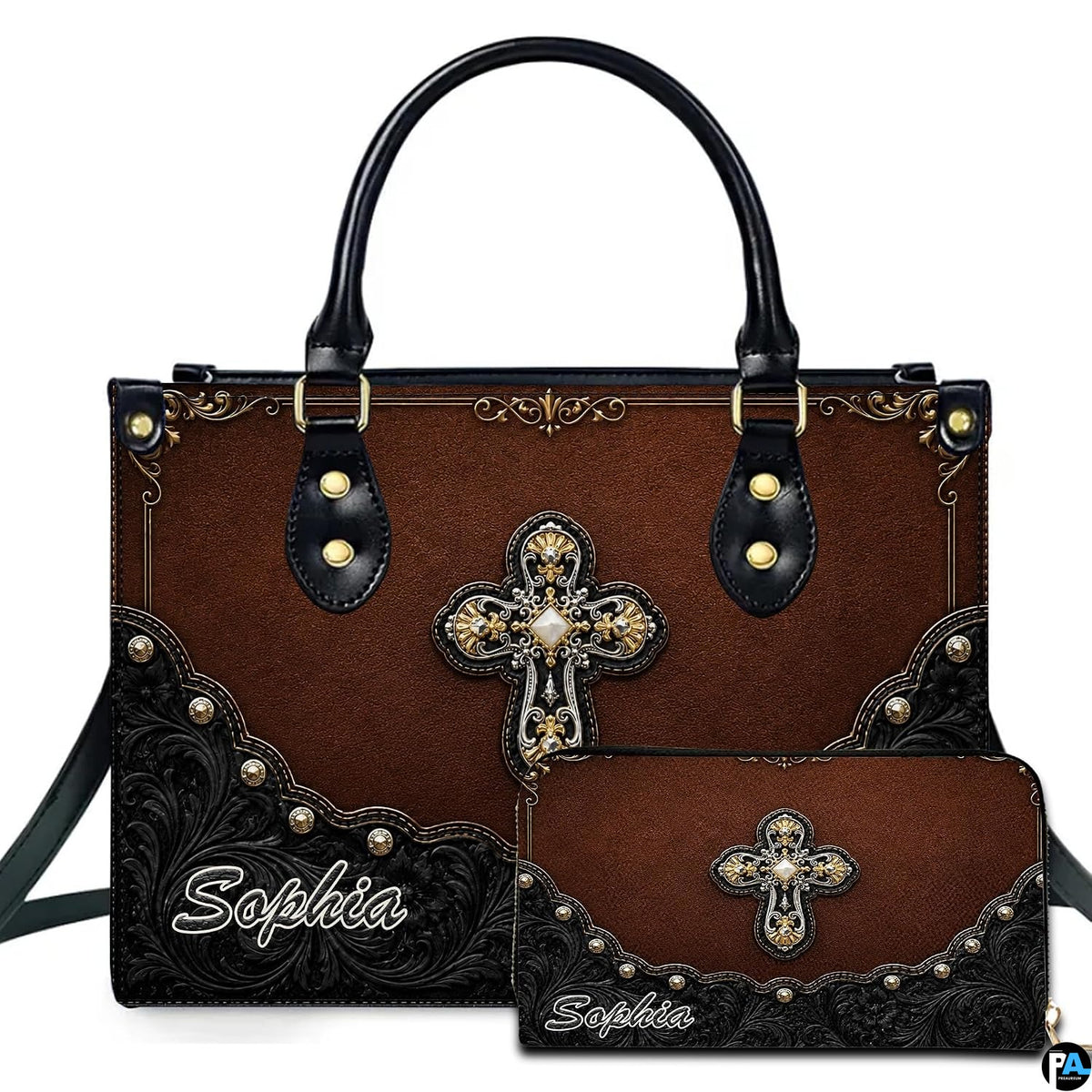 Front view of western ornate cross handbag and matching wallet with studded scalloped corner trim.