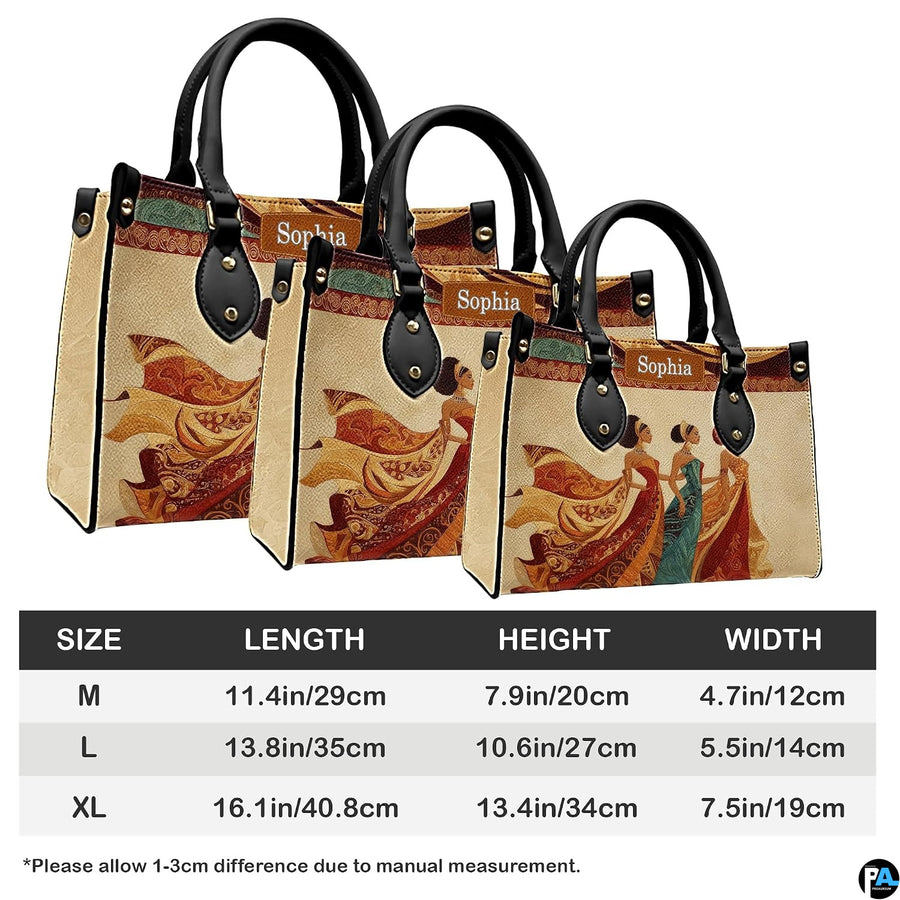 Size comparison chart detailing medium, large, and extra-large options of the handbag.
