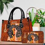 Side profile view of structured zodiac ram afro queen handbag.