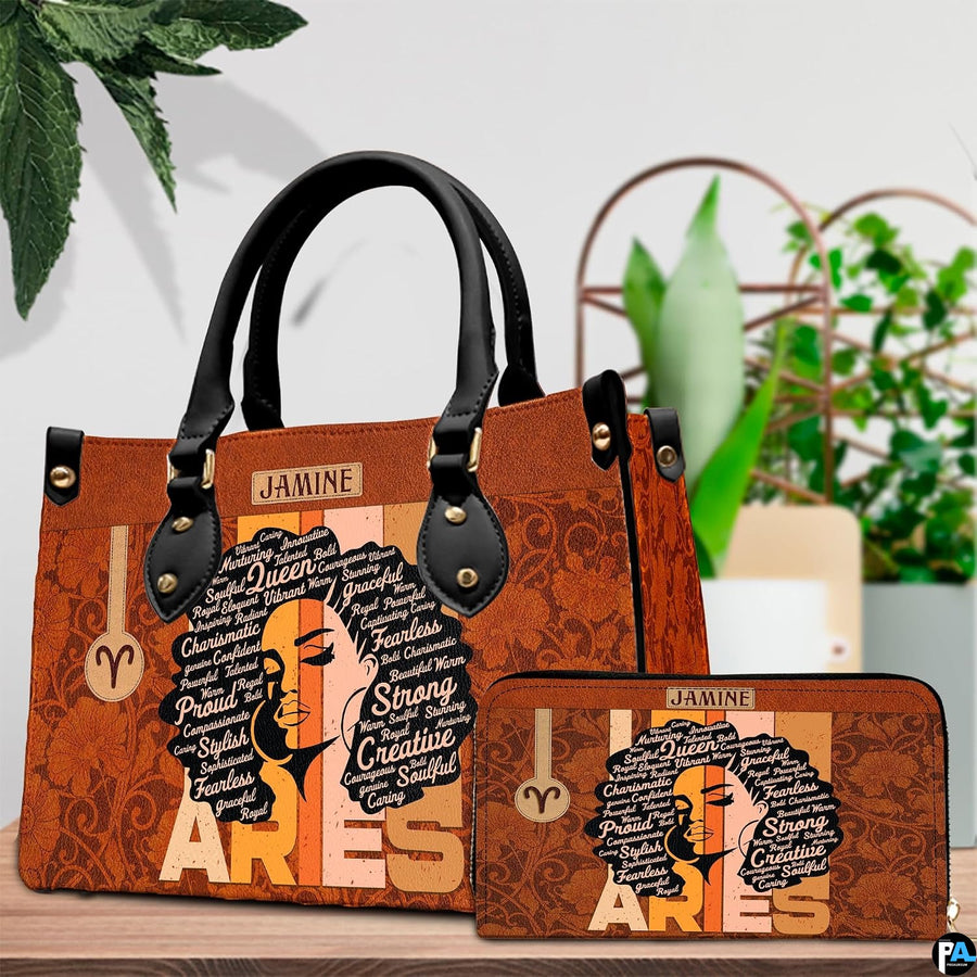Side profile view of structured zodiac ram afro queen handbag.
