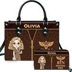 Chibi blonde nurse leopard handbag and matching wallet set displayed upright on white background.