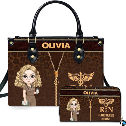 Chibi blonde nurse leopard handbag and matching wallet set displayed upright on white background.
