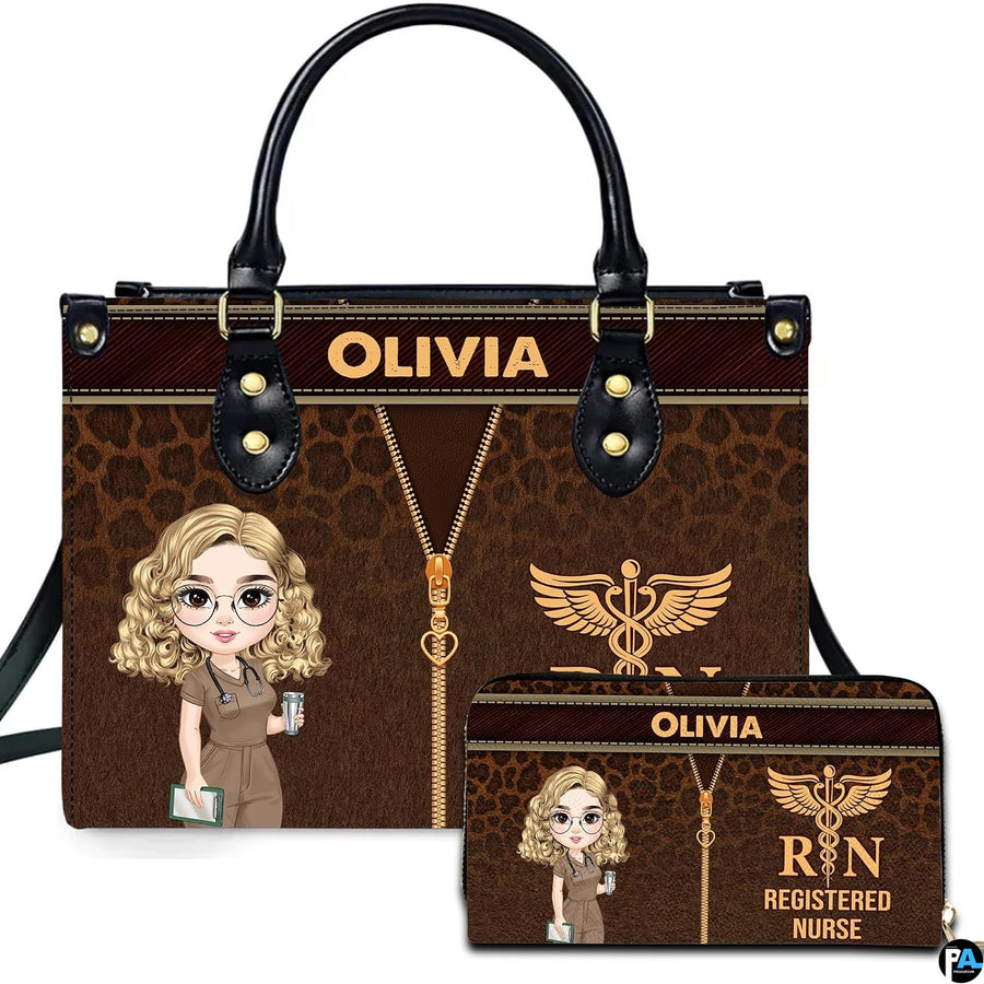 Chibi blonde nurse leopard handbag and matching wallet set displayed upright on white background.