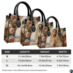 Size chart illustrating dimensional options for the Virgin Mary rose floral handbag