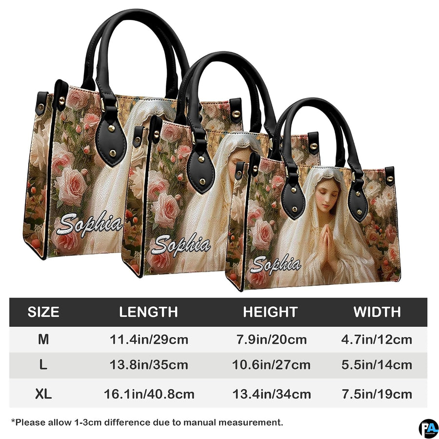 Size chart illustrating dimensional options for the Virgin Mary rose floral handbag