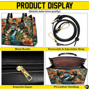 Peacock art handbag shown with strap, zipper, and interior detail views