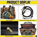 Peacock art handbag shown with strap, zipper, and interior detail views