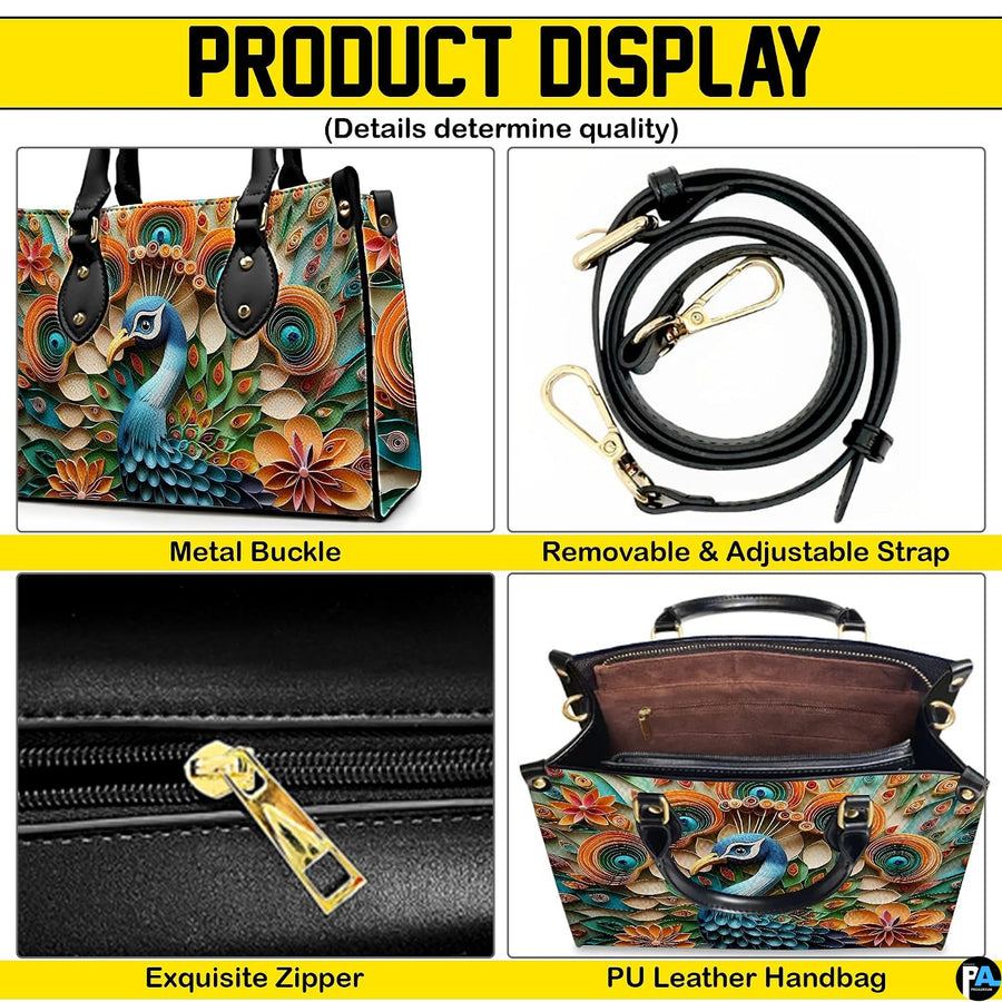 Peacock art handbag shown with strap, zipper, and interior detail views