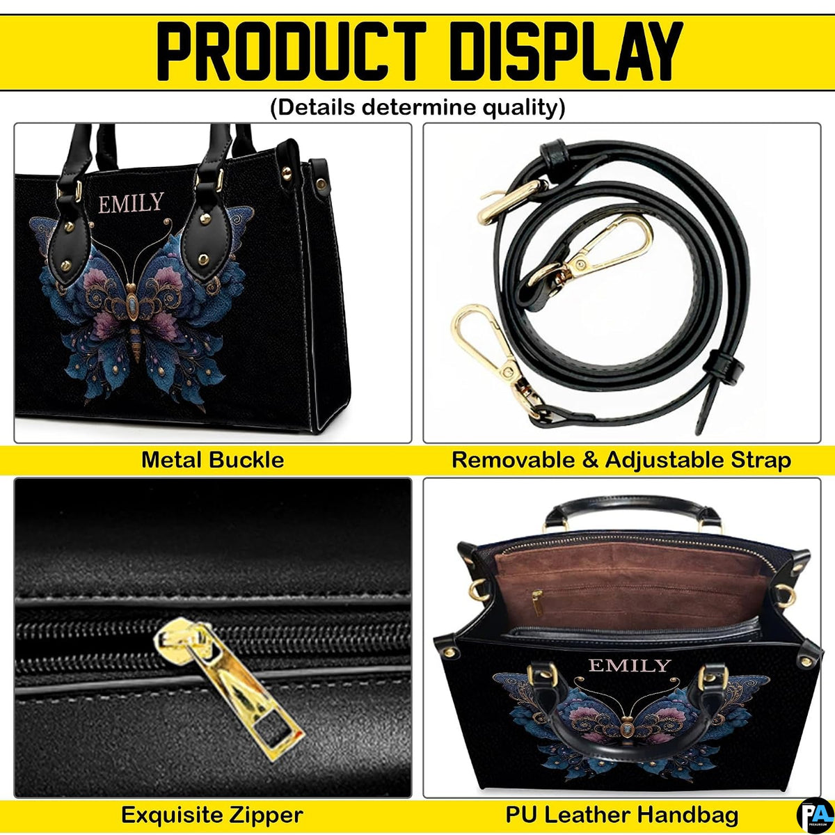 Detailed four-panel overview showing close-up aesthetic accents of floral butterfly handbag