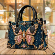Atmospheric view of baroque teal jewel butterfly artwork resting on rustic wooden surface in ambient café setting.
