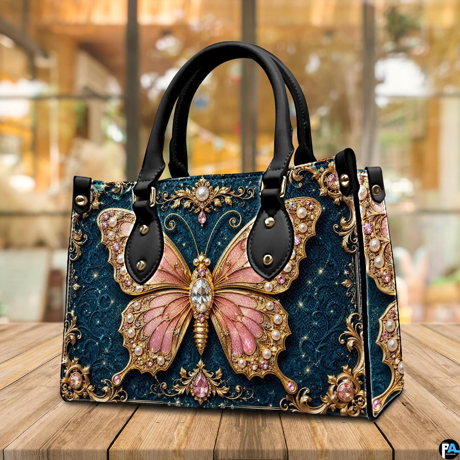 Atmospheric view of baroque teal jewel butterfly artwork resting on rustic wooden surface in ambient café setting.