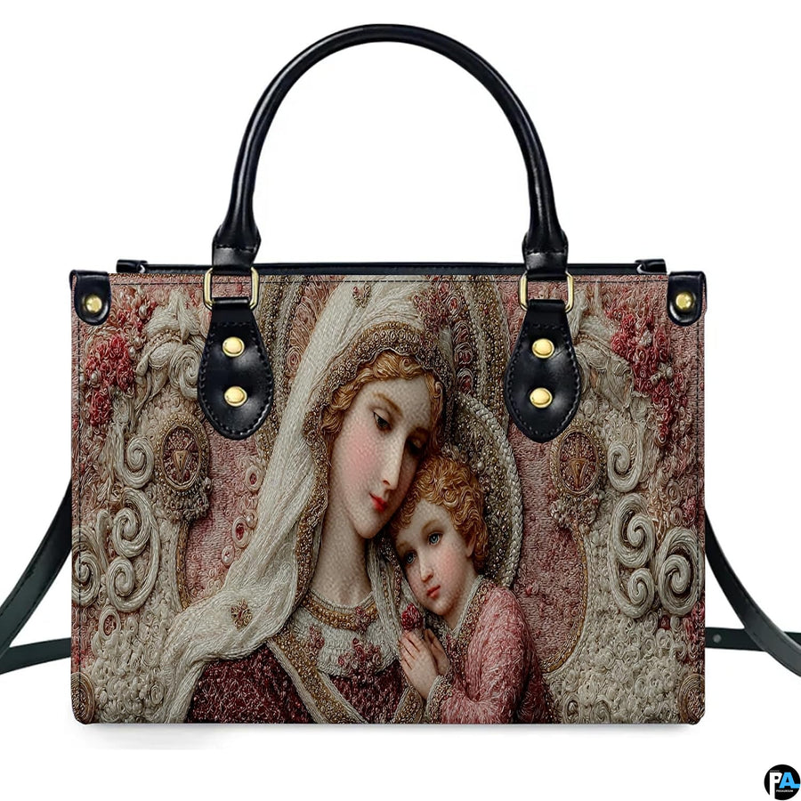 Lifestyle perspective highlighting shoulder carry of the sacred handbag with crossbody strap.