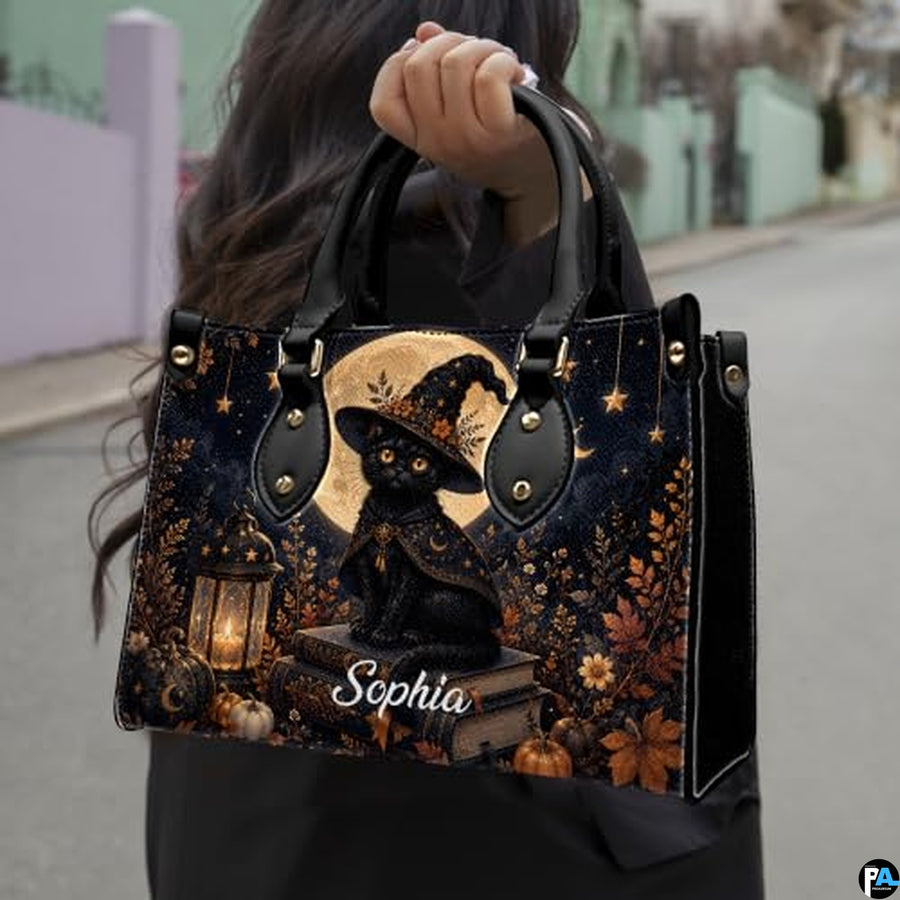 Black Cat Leather Bag – Vintage Cat Art Handbag, Stylish Animal-Themed Purse, Unique Gift for Cat Lovers