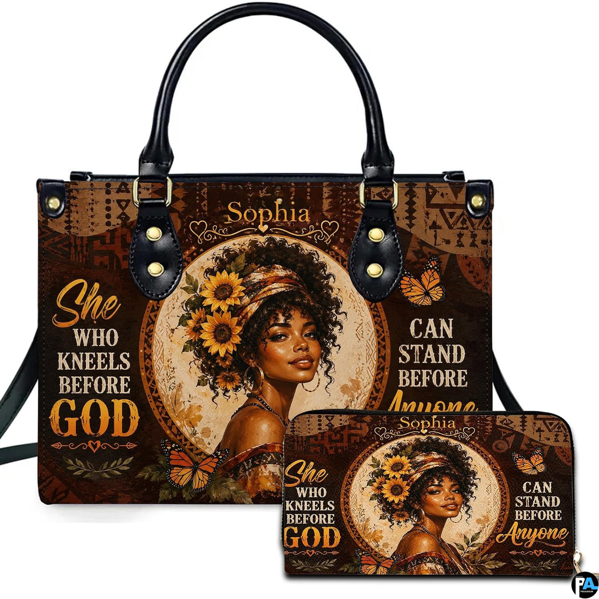 Sunflower butterfly portrait handbag and matching wallet with natural curls