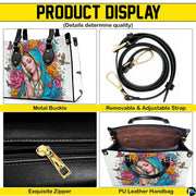 Four-panel product breakdown showing side profile, strap hardware, zipper pull, and interior compartment.