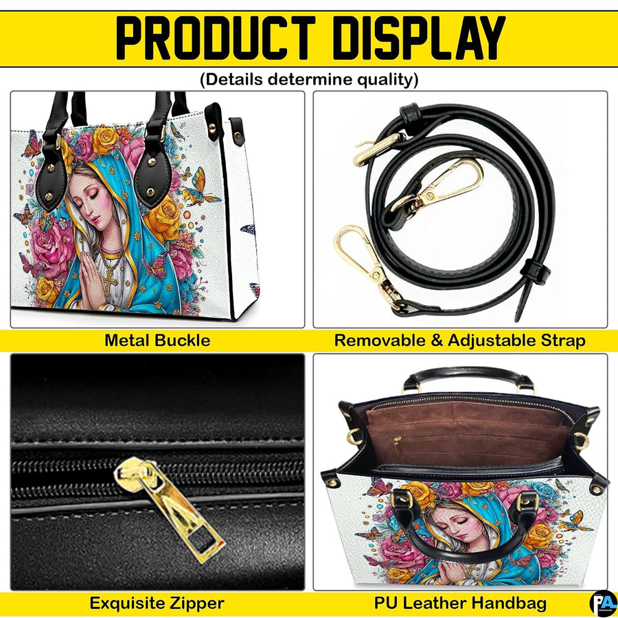 Four-panel product breakdown showing side profile, strap hardware, zipper pull, and interior compartment.