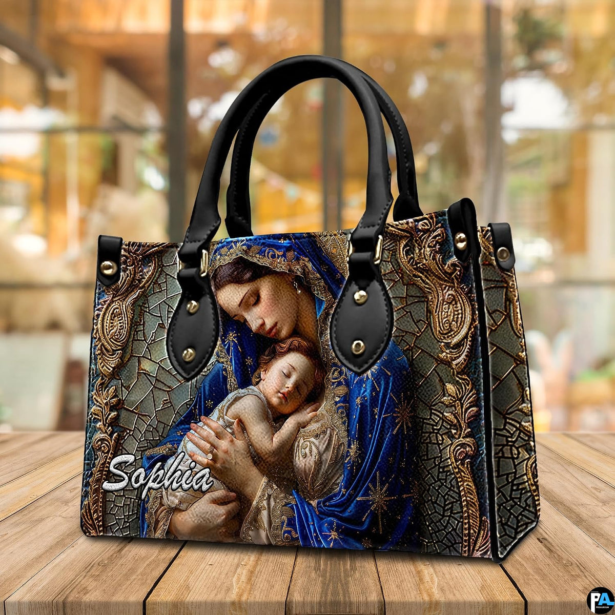 Sacred art accessory set at three-quarter perspective on wooden table in sunlit room.
