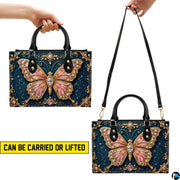 Demonstration infographic illustrating dual holding configurations for the baroque teal butterfly artwork.