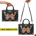 Demonstration infographic illustrating dual holding configurations for the baroque teal butterfly artwork.