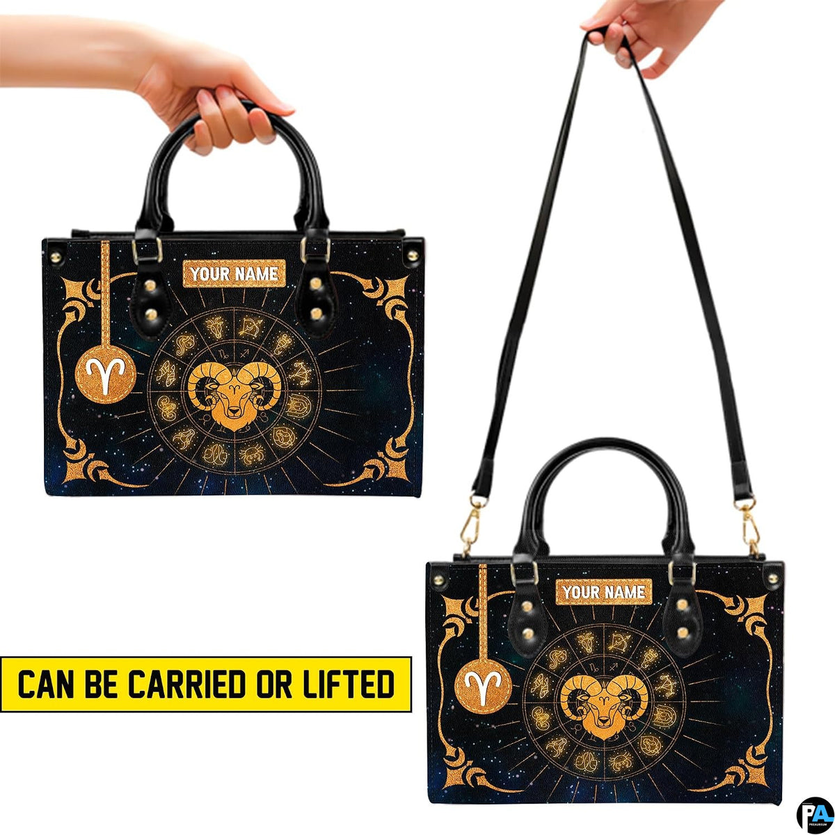 Top-down view of golden zodiac ram handbag showing dual carrying handles.
