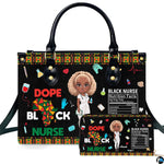 Melanin nurse handbag and matching wallet set displayed upright on white background.