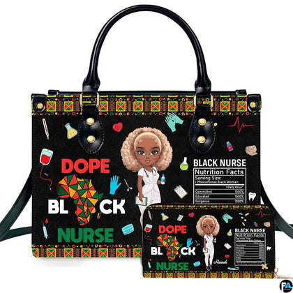 Melanin nurse handbag and matching wallet set displayed upright on white background.