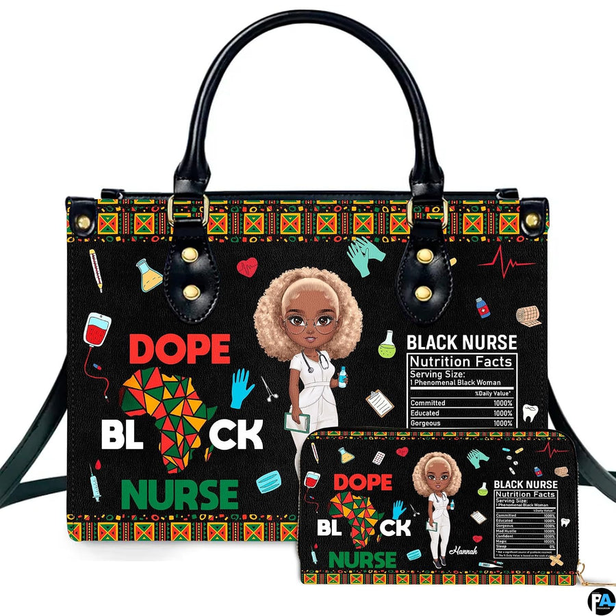 Melanin nurse handbag and matching wallet set displayed upright on white background.