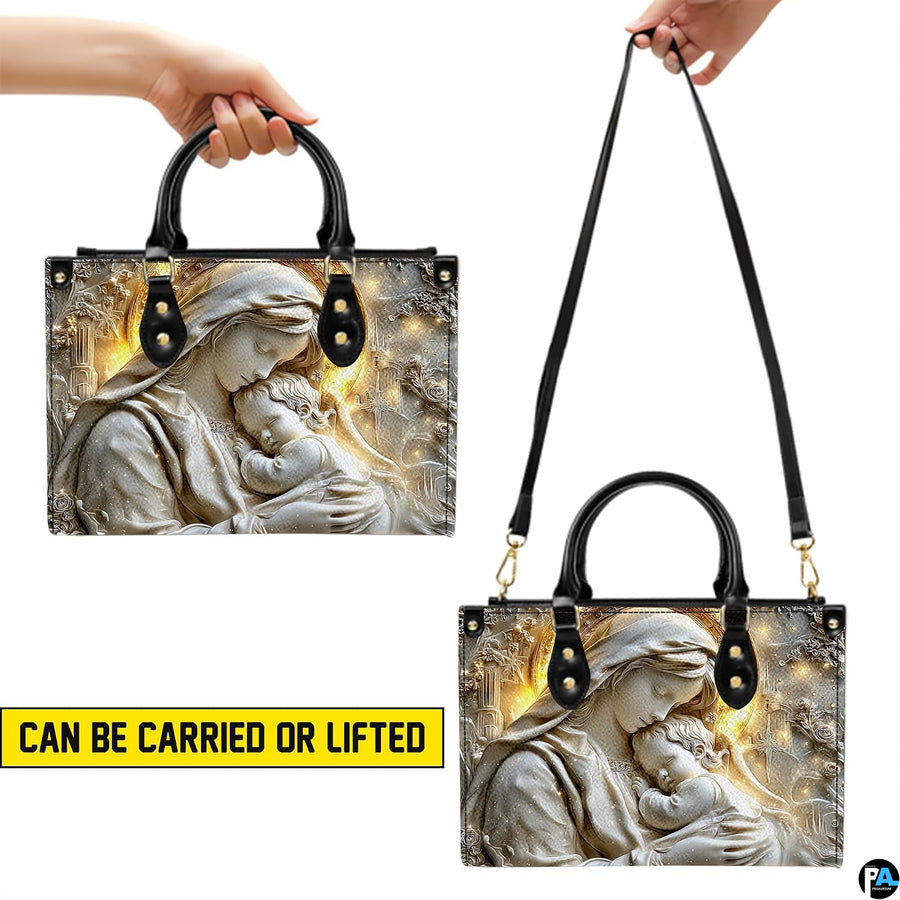 Graphic illustrating top handle carrying and shoulder strap wear options for the handbag.