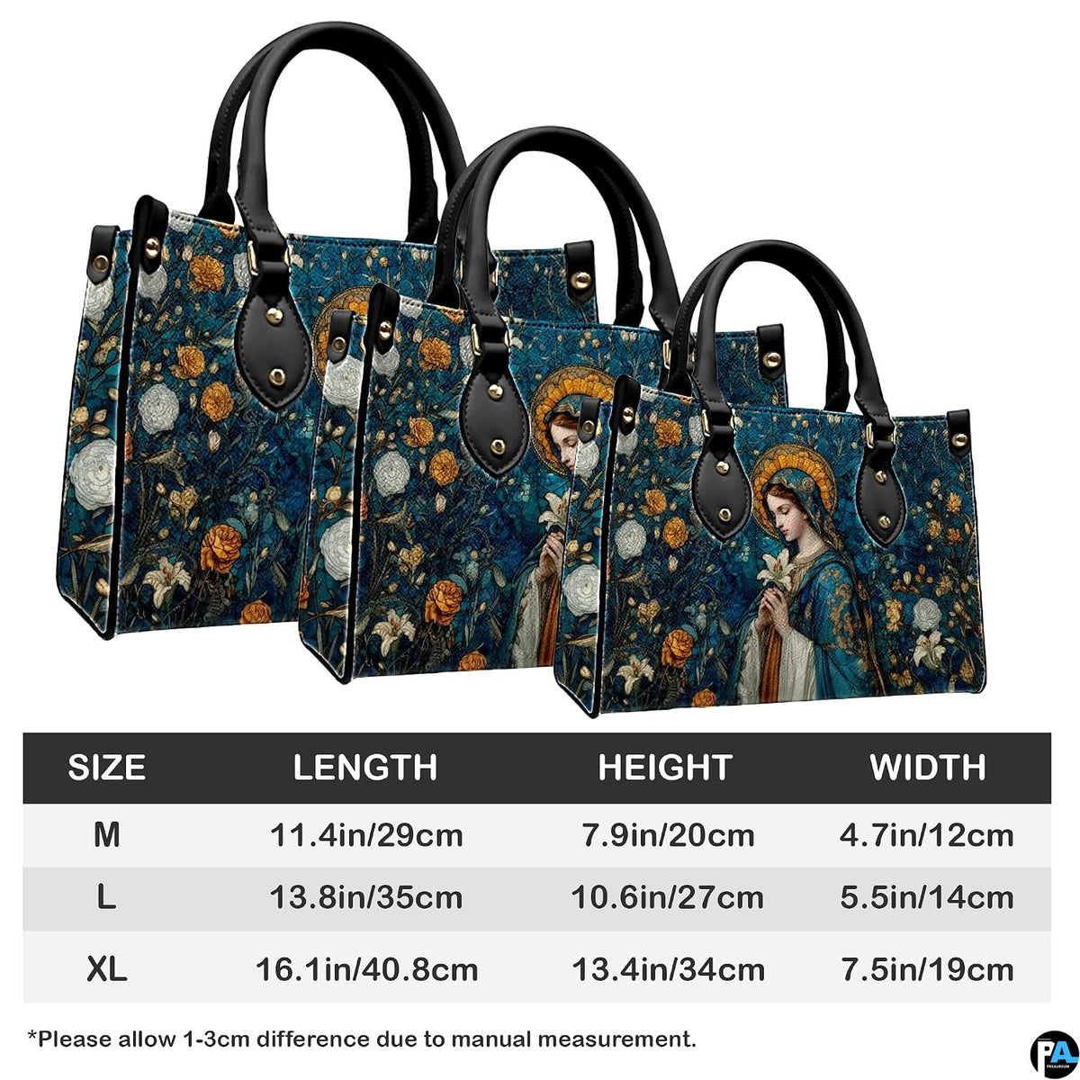 Dimensional comparison graphic for Madonna mosaic sacred art handbag showing small medium and large proportions