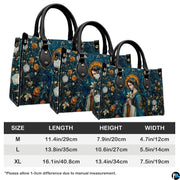Dimensional comparison graphic for Madonna mosaic sacred art handbag showing small medium and large proportions