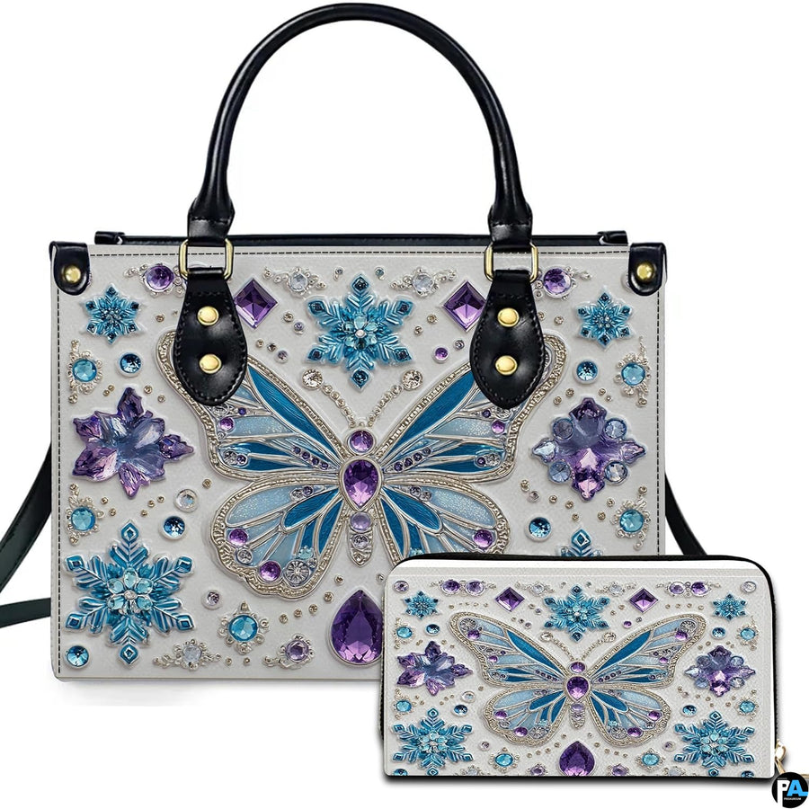 Front view of frozen crystal butterfly handbag and matching wallet set with snowflake crystal motifs.