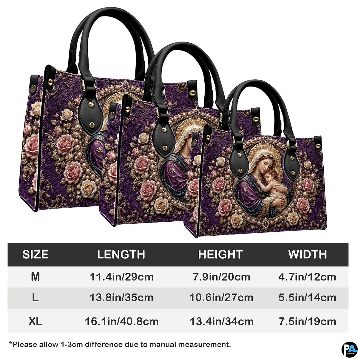 Size chart illustrating dimensional options for the royal purple Madonna Child handbag
