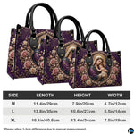 Size chart illustrating dimensional options for the royal purple Madonna Child handbag