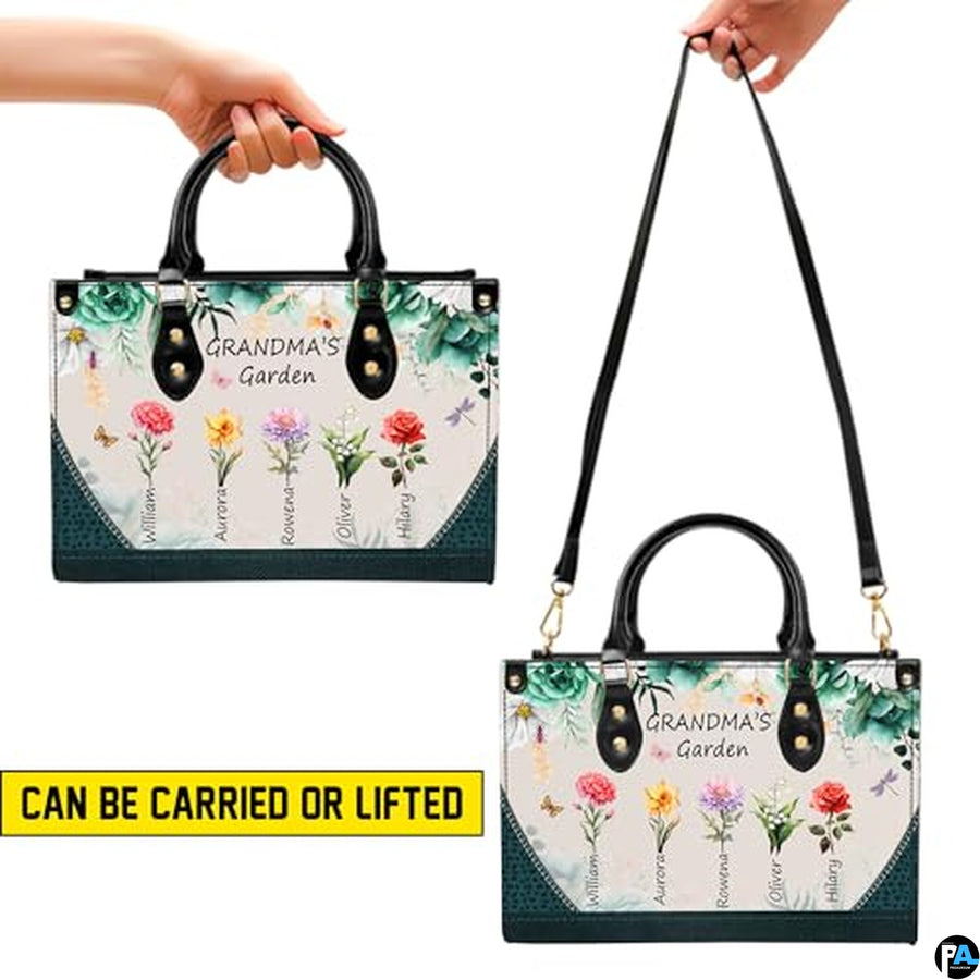 Mothers Day Gift Leather Bag- Personalized Grandmas Purse With Grandkids Names, Grandma Handbag Birthday Gifts For Mom Women