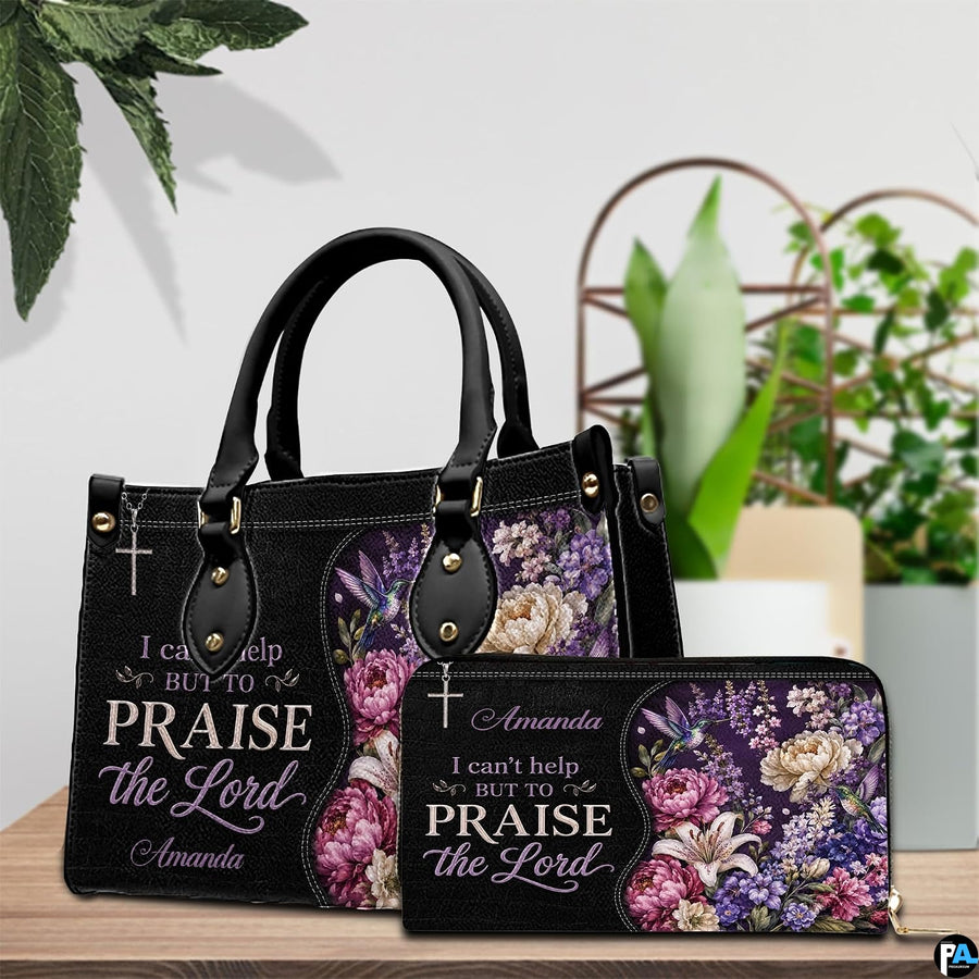 Front view of purple floral hummingbird handbag highlighting scripture typography